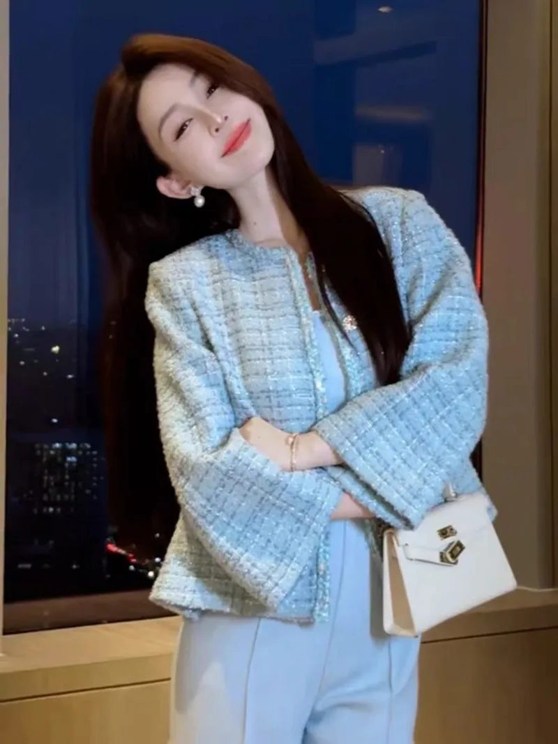 

Новое высококачественное шерстяное твидовое пальто, женское корейское модное осеннее элегантное маленькое ароматное короткое пальто с длинными рукавами и круглым вырезом, верхняя одежда