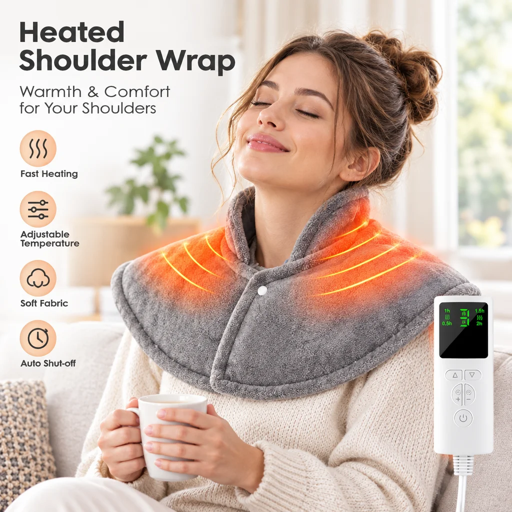 Heated Shawl Neck Shoulder Warmer 9-Level Wearable Electric Blanket with 4 Timers Auto Off Soft Washable Grey for Home Office