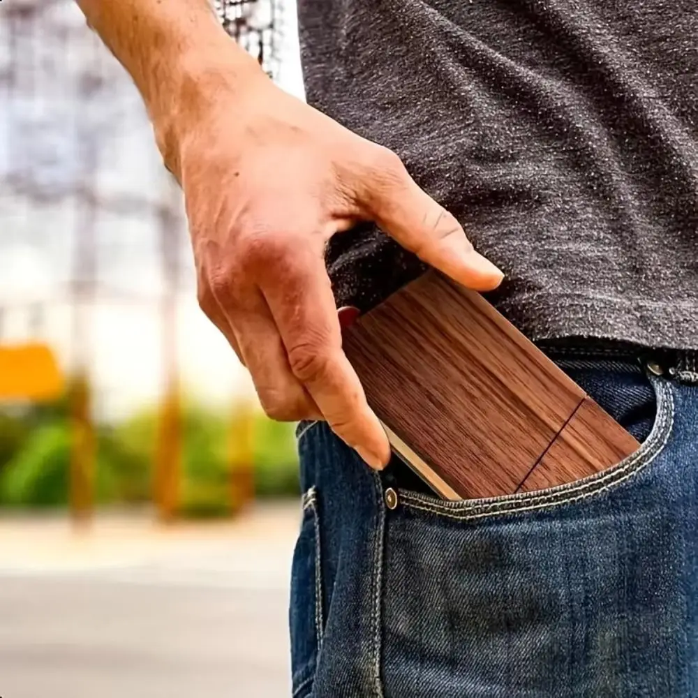 Thin Walnut Business Card Holder Large Capacity Solid Wood Wooden Card Case Portable Pocket Size Business Card Organizer