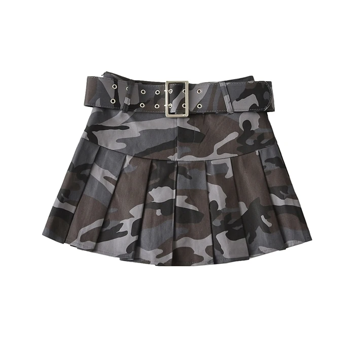 Trend Retro Camouflage Mini Skirt Women Leisure Loose Sexy High Waist Pleated A-line Skirts Female