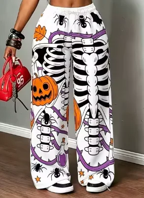 Halloween Cartoon Skeleton Pumpkin Lantern Black Spider Autumn Leaf Star Trendy Loose Casual Versatile Pants