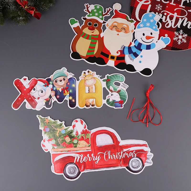 คริสต์มาสประตูแขวนปีใหม่จี้Santa Claus Snowman Elkแบนเนอร์กระดาษMerry Christmasสําหรับตกแต่งบ้าน