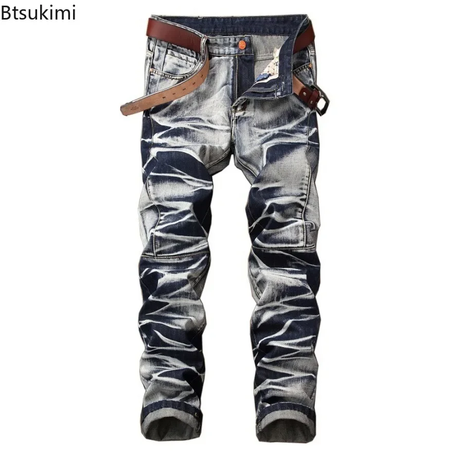 New 2024 Men's Casual Jeans Pants Slim Fit Straight Pleated Biker Jeans Pants Trousers Male Denim Casual Pants Plus Size 42