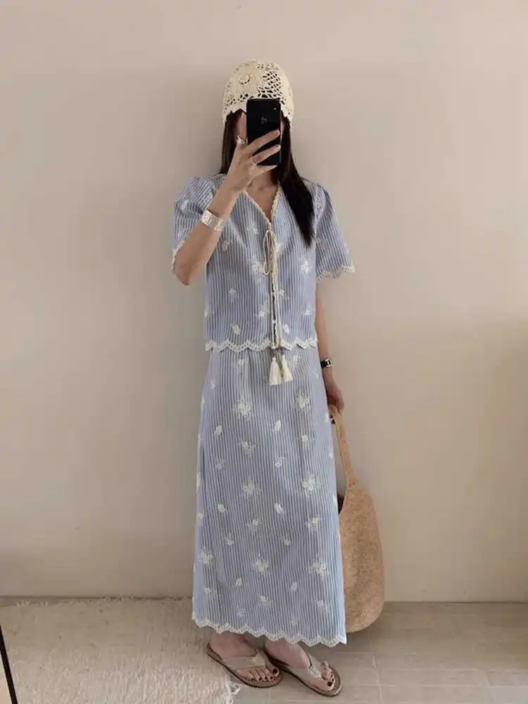 

Clothland Women Sweet Floral Embroidery Striped Suit V Neck Tassel Short Sleeve Shirt Midi Skirts Summer Two Piece Set TA621
