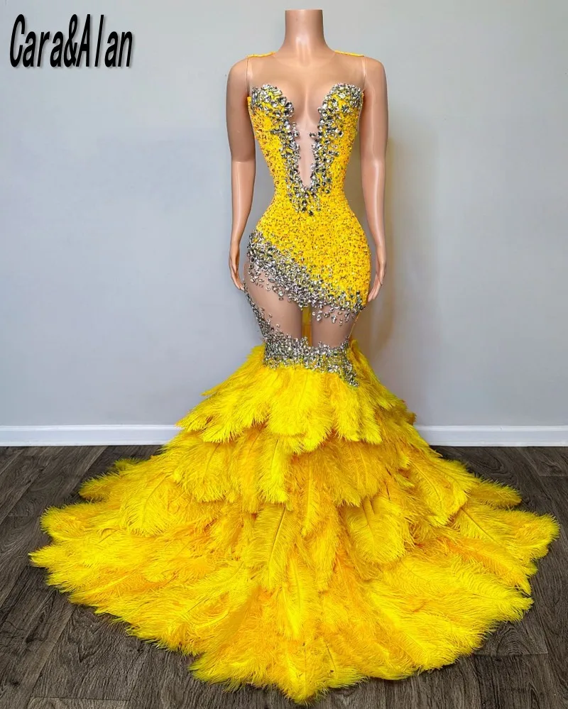 

Birght Yellow Mermaid Feathers Prom Dresses 2023 Beading Party Gowns Sheer Neck African Women Sequin Gala Dress