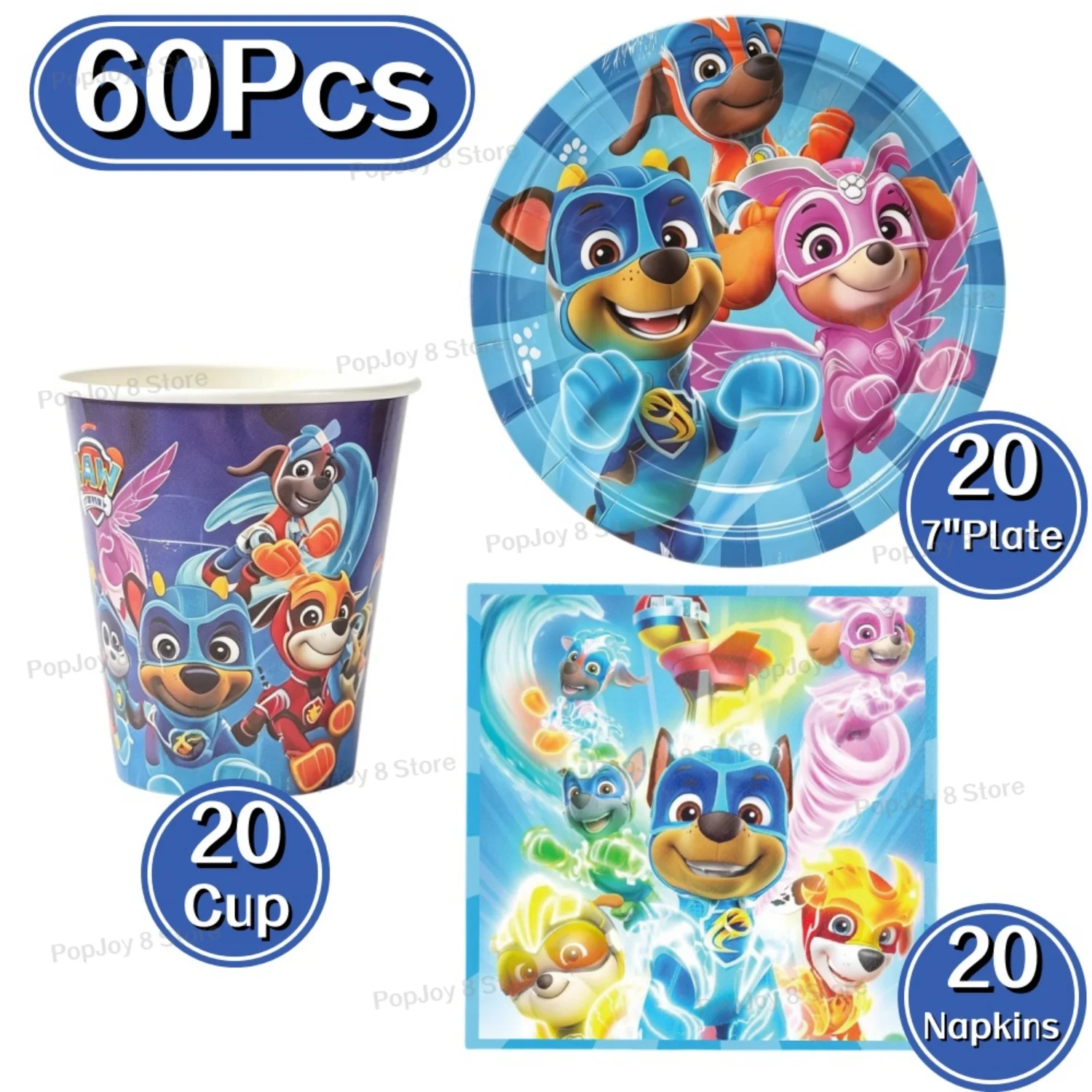 Set de vajilla desechable de Paw Patrol, 60 piezas, para fiestas de cumpleaños infantiles, platos de papel, vasos, servilletas, decoraciones para baby showers.