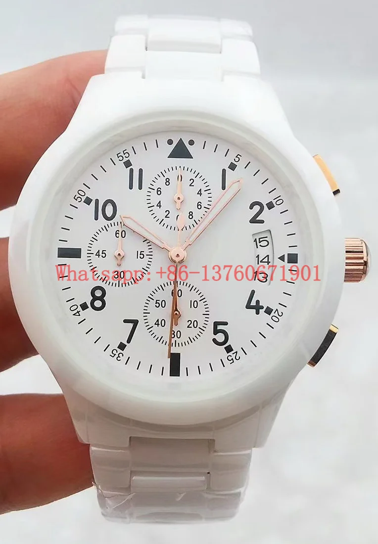 Luxury New Quartz Chronograph Watch Men Full Ceramic Stainless Steel Black White Rose Gold Diamonds Lady Fashion Watches