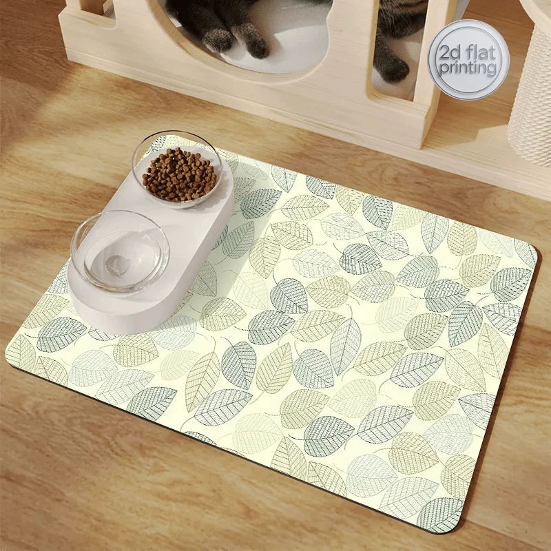 [Dog Food Mat] Quick-Dry Absorbent Cat Food Mat & Dog Bowl Mat with Leafy Botanical Pattern | Non-Slip Pet Feeding Mat for Food