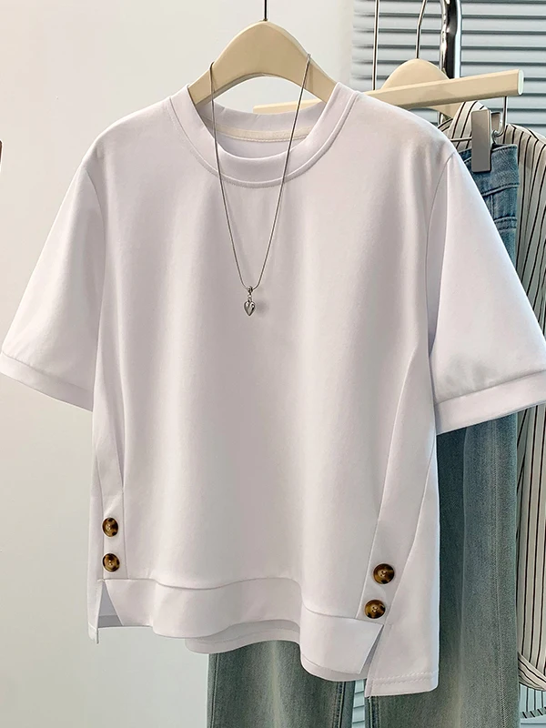 Korean Style Pure Color Short Sleeve round Neck Loose T-Shirt Women's Summer New Design Button Detail Decorative Stitching Top