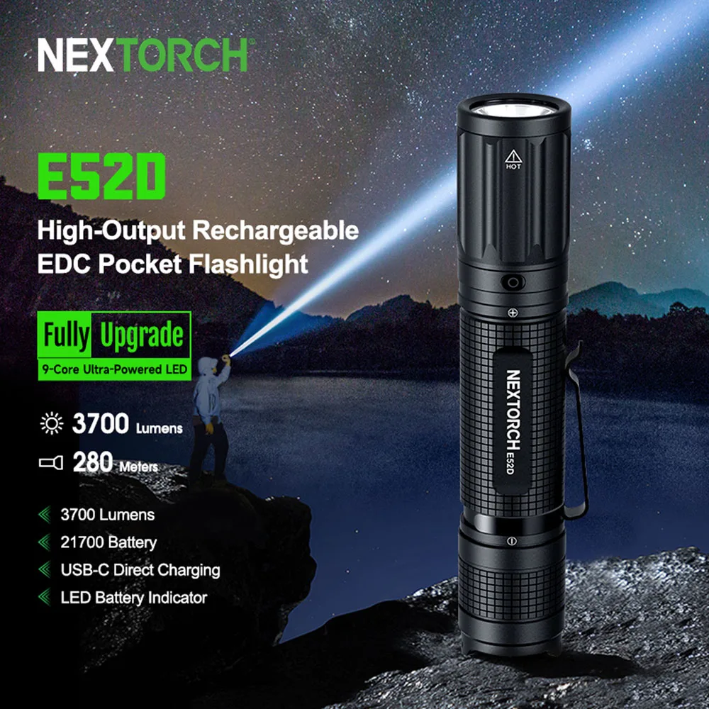 NEXTORCH E52D Rechargeable Straight EDC Flashlight,3700 Lumens,21700 Battery, IPX8 Waterproof. for Camping, Hiking