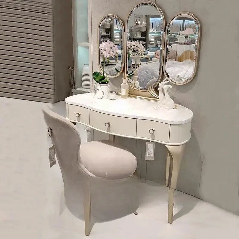PYH light luxury solid wood dresser European high-end oval three-sided beauty mirror simple dressing table