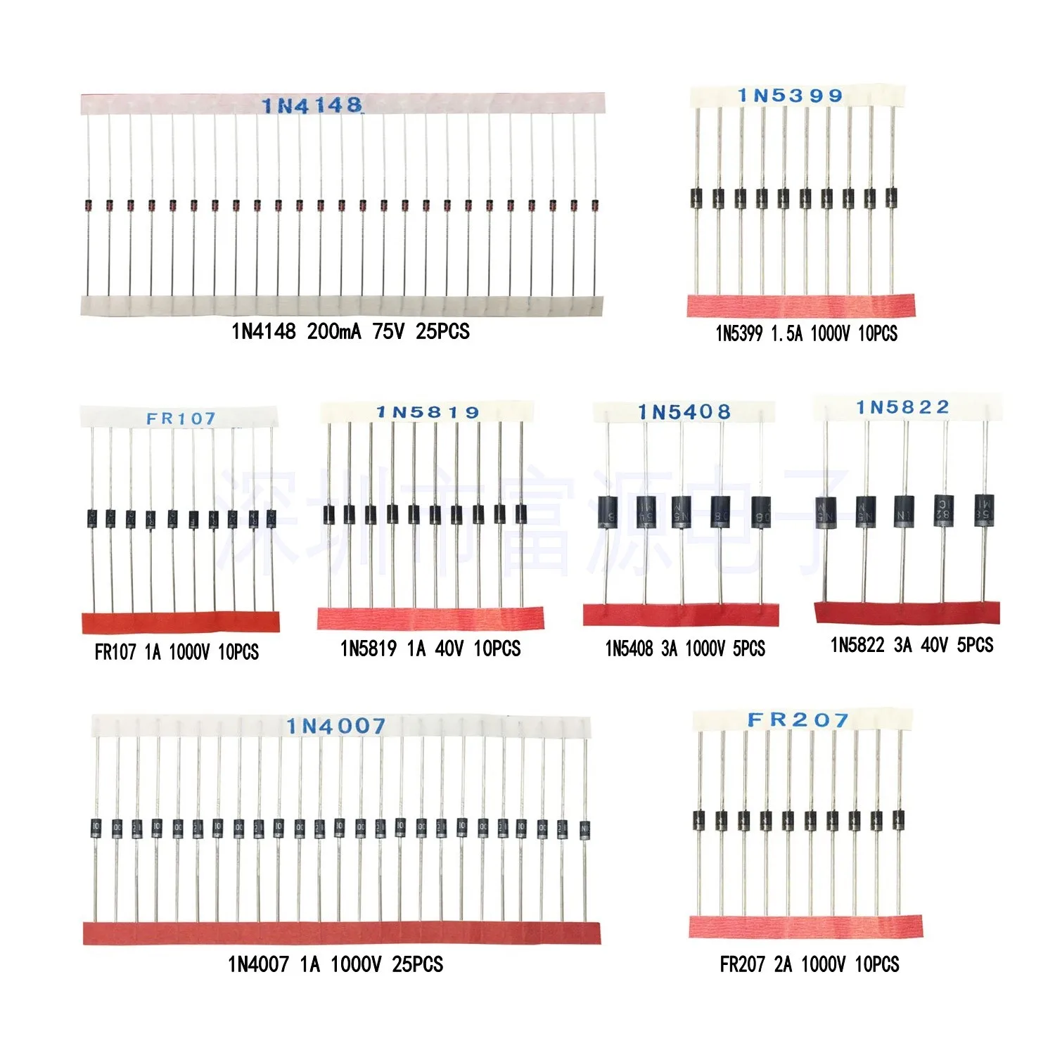 8 Kinds: A Total of 100 Commonly Used Diode Sample Packs 1N4148 4007 5819 5399 5408 5822, Etc