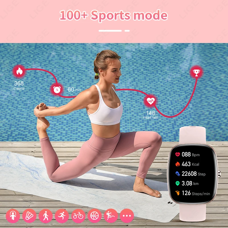 LIGE-Montre connectée pour les hommes et les femmes, étanche conforme à la norme IP68, écran HD de 1.83 pouces, appels Bluetooth, moniteur de santé pendant 24 heures