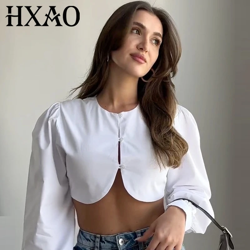HXAO موضة قميص نسائي اقتصاص قميص أبيض خريف 2025 المتضخم نفخة الأكمام زر حتى بلوزة أنيقة أنيقة شارع العليا قميص