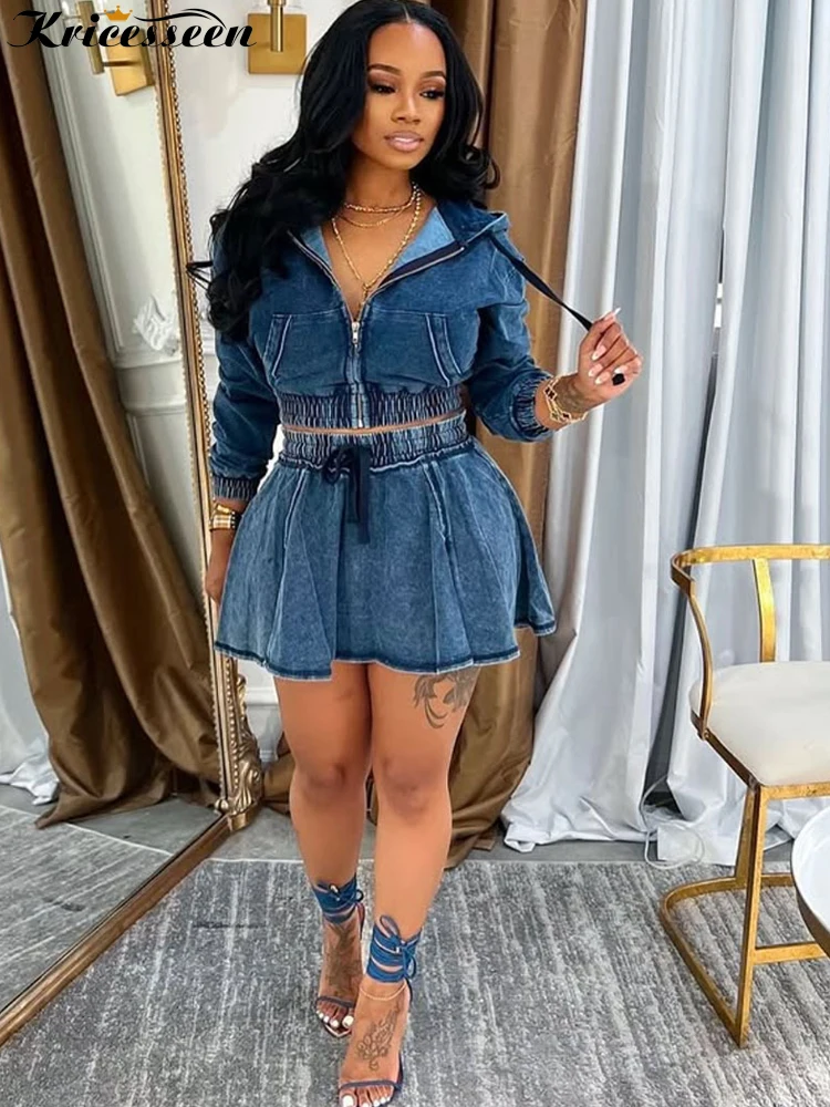 

Kricesseen Womens Hoodies Zipper Front Denim Jacket Top And Ruffles Two-Piece Set Runway Jeans Skirt Set Night Clubwear Overalls