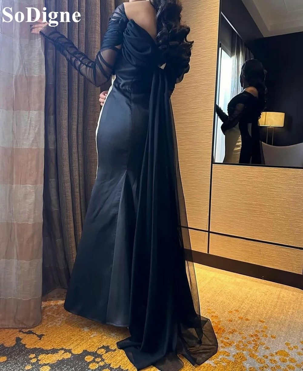 SoDigne Elegant Black and Ivory Satin Evening Dresses Long Tulle Sleeves Mermaid Off Shoulder 2024 Formal Prom Gowns for Women