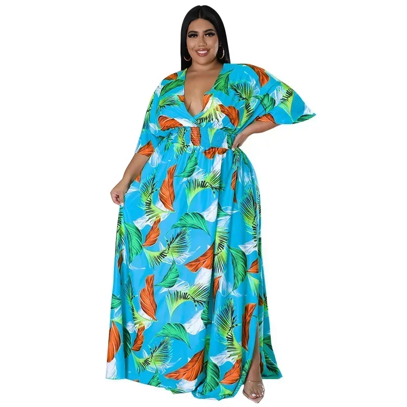 MY967- European and American plus size women's clothing 2025 summer new product deep V-neck printed multi-color dress, fat MM