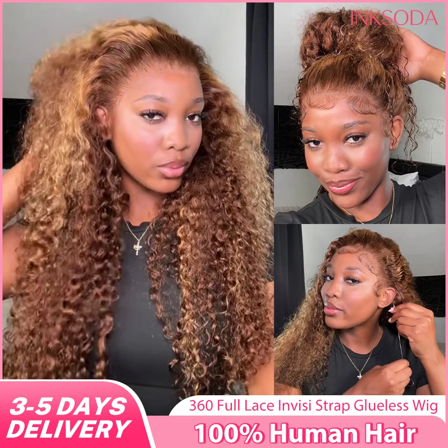 360 كامل الدانتيل شعر مستعار أمامي 30 بوصة العسل شقراء تسليط الضوء على موجة عميقة غير مرئية حزام موجة المياه شعر مستعار أمامي غلويليس شعر مستعار الإنسان #1