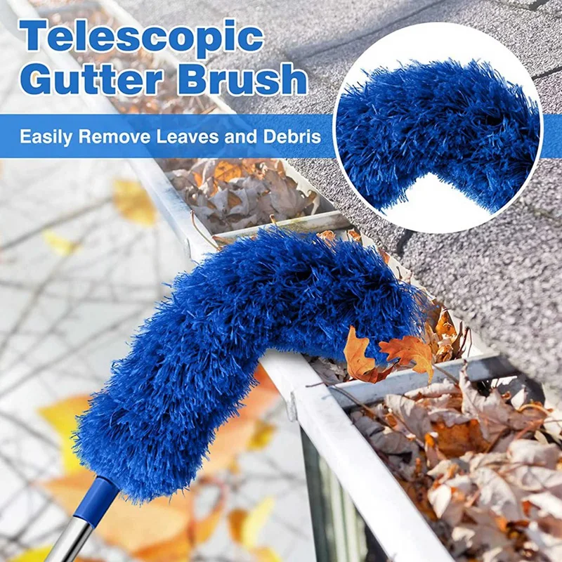 2X Gutter Cleaning Brush Roofing Tool With Telescopic Extendable Pole 8.2Ft Guard Cleaner Tool Easy Remove Leave, Blue