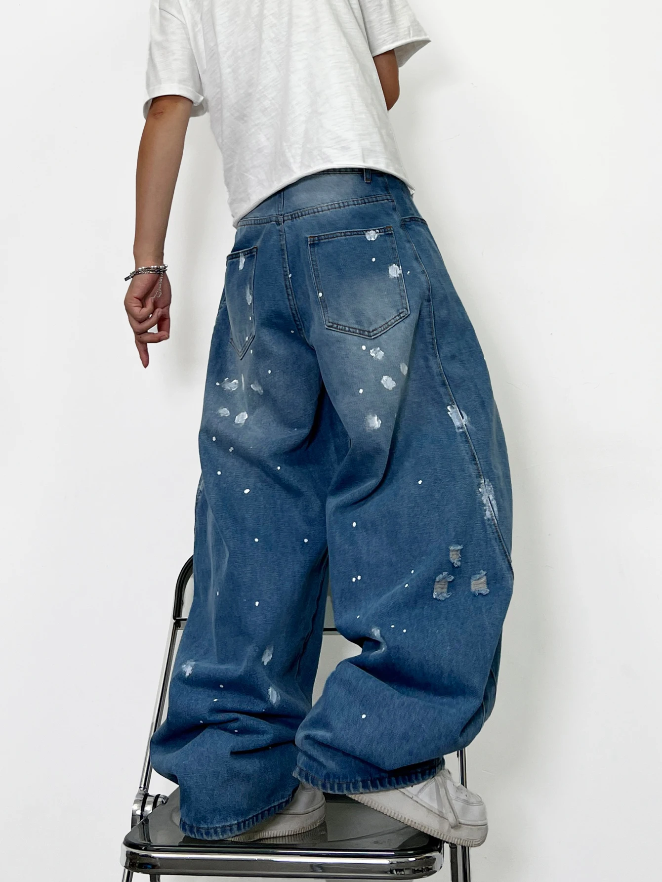 Men's Jeans, Vintage Washed Baggy Wide Pants, Distressed Men's Trousers With Paint-Splatter Decoration, Casual Men's Trousers