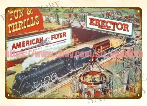 posters for walls 1954 American Flyer train Erector retro toy metal tin sign