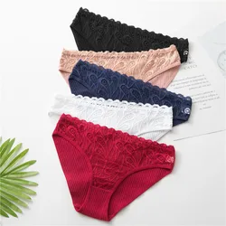 5pcs New Underwear for Women Pure Cotton Mid Waist Sexy Lace Embroidery Breathable and Traceless Women's Triangle Pants