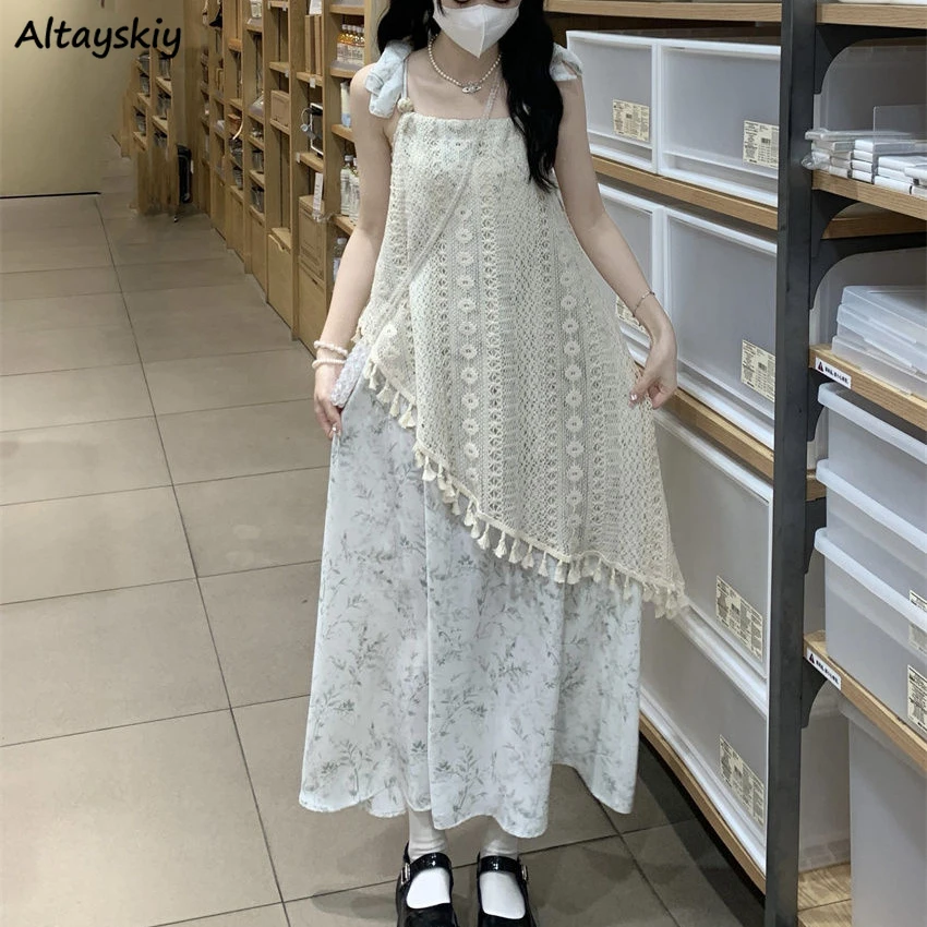 Long Dresses Women Floral Retro Sleeveless Fake Two Pieces Lace-up A-line Korean Fashion Sweet Girls Casual Holiday Summer Ins