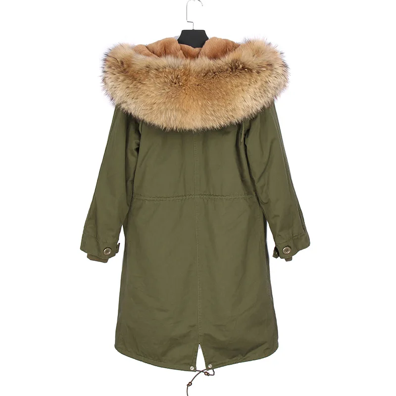 Lengthen Women Parka Winter Jacket Real Fur Coat Natural Raccoon Fur Hood Rabbit Fur Liner Parkas