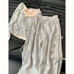 Summer Korean Style Wear Gray Casual Top Female 2024 New Bow Design Super Sweet High Waist Slim Wide Leg Pants Two-piece Suit