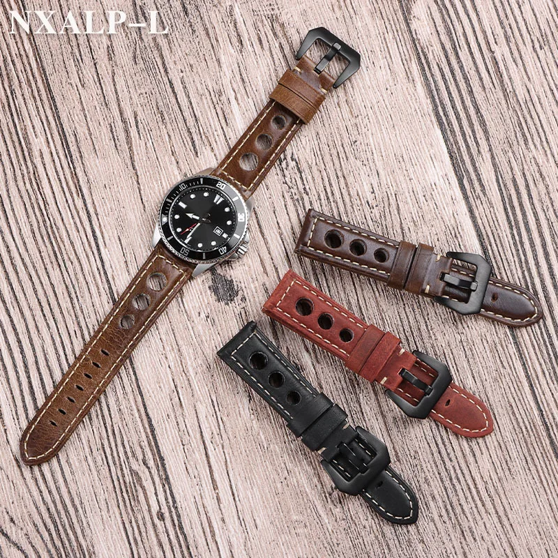 Vintage Oil Wax Cowhide Watch Strap Brown 20mm 22mm 24mm Breathable Genuine Leather Watchbands Pin Buckle Band Unisex Watchband