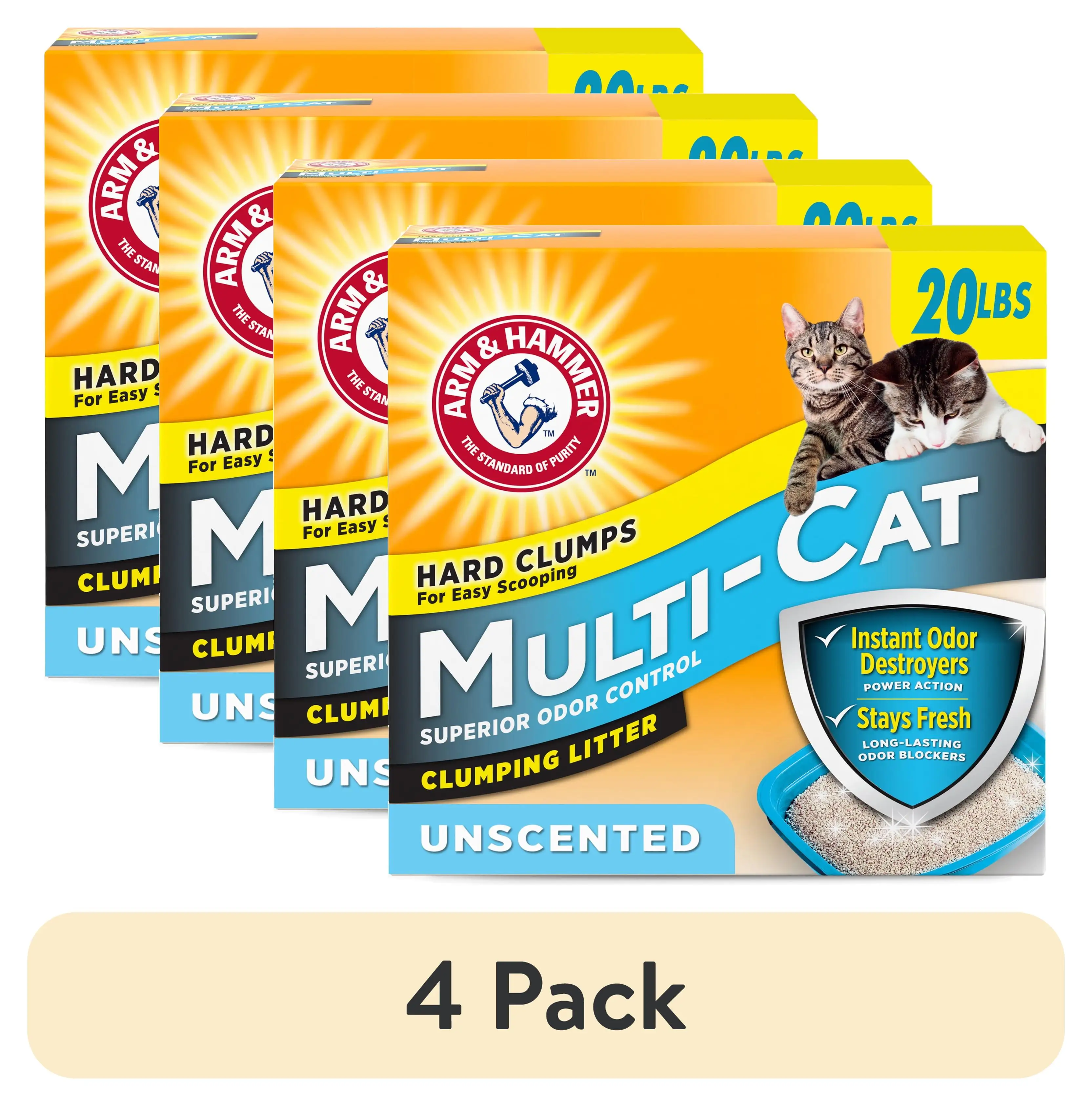 

4 pack unscented clumping cat litter for multiple cats 20 lb per bag