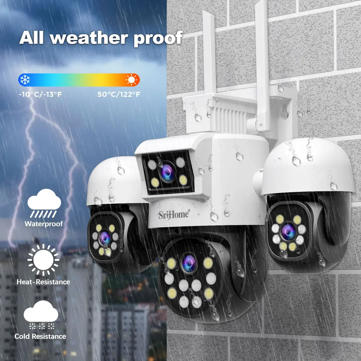 Srihome SH069 Cámara de vigilancia WiFi de 8MP 4 lentes Zoom 3X CCTV Smart Home360 °   Cámara de seguridad impermeable con seguimiento panorámico HD AI