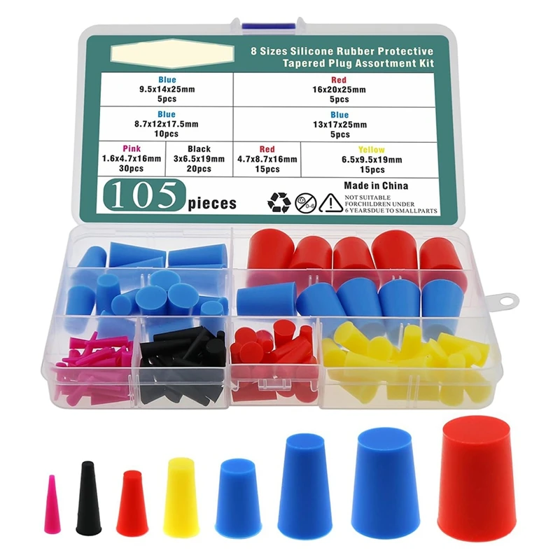 105Pcs High Temperature Silicone Protection Plug Set 8 Sizes Colorful Tapered Silicone Plugs For Powder Coating