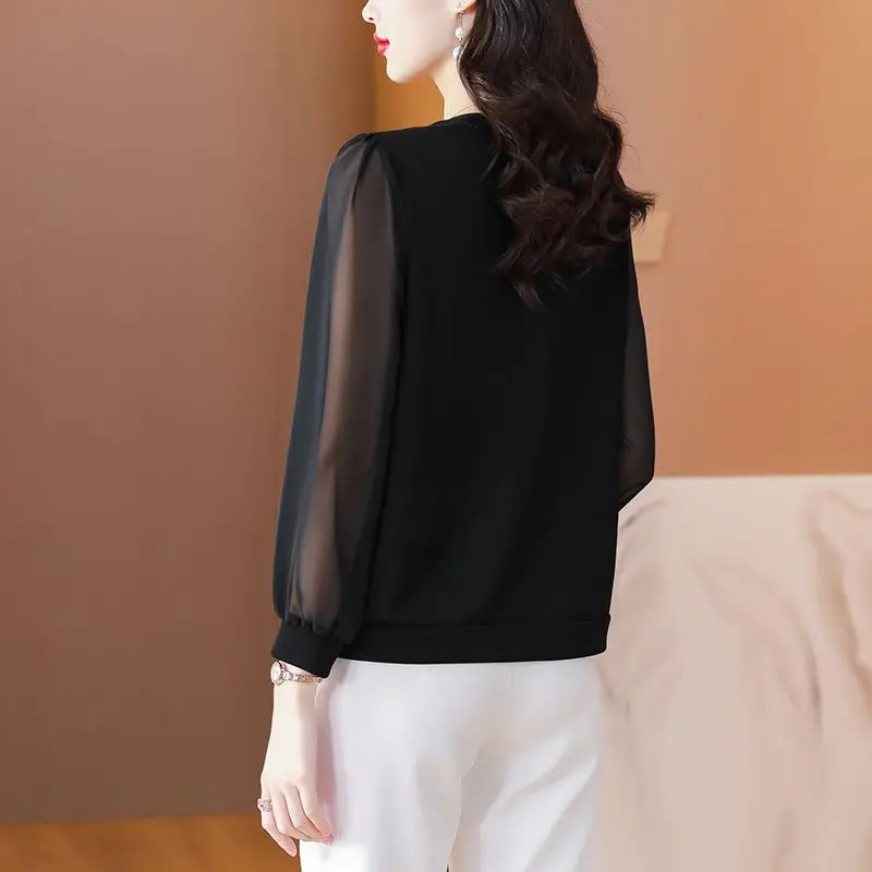 Korean Women Spring Summer Long Sleeve Chiffon Shirt Black V-neck Loose Fashion Casual Versatile Office Lady Elegant Blouse 2023