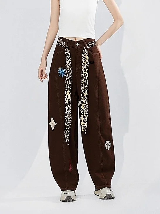 

Американский Sle Thiened с вышитым леопардовым принтом, пояс с высокой талией, широкие брюки, женские джинсы, свободный крой, осень-зима, новинка S...