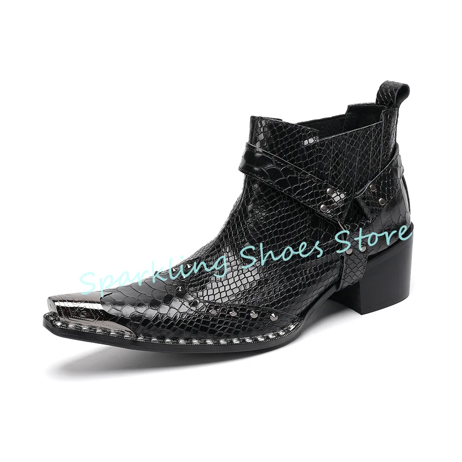 

Black Punk Rivet Belt Buckle Decor Genuine Leather Boots Male Wedding Business Shoes Metal Pointed Toe Chelsea Boots for Men