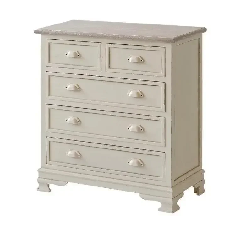 Komoda Large White 5-Drawer Cabinet Modern Solid Wood and Rattan Chest of Drawers for Living Room or Villa by Merchant