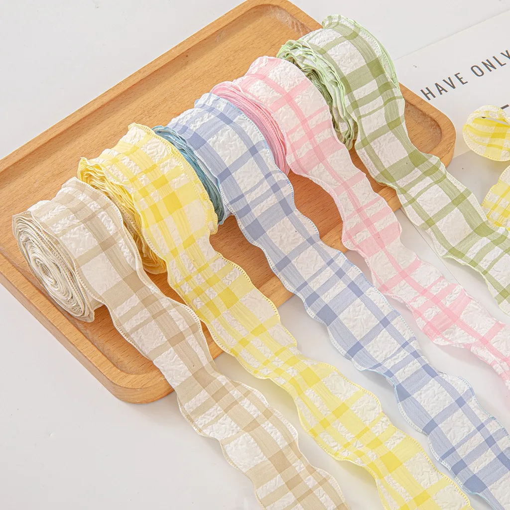 10 yards/Roll 4cm Puffed Check Wrinkled Fabric Ribbon Ruffled Ribbon for DIY Christmas Wreath Hair Accessories Gift Wrapping