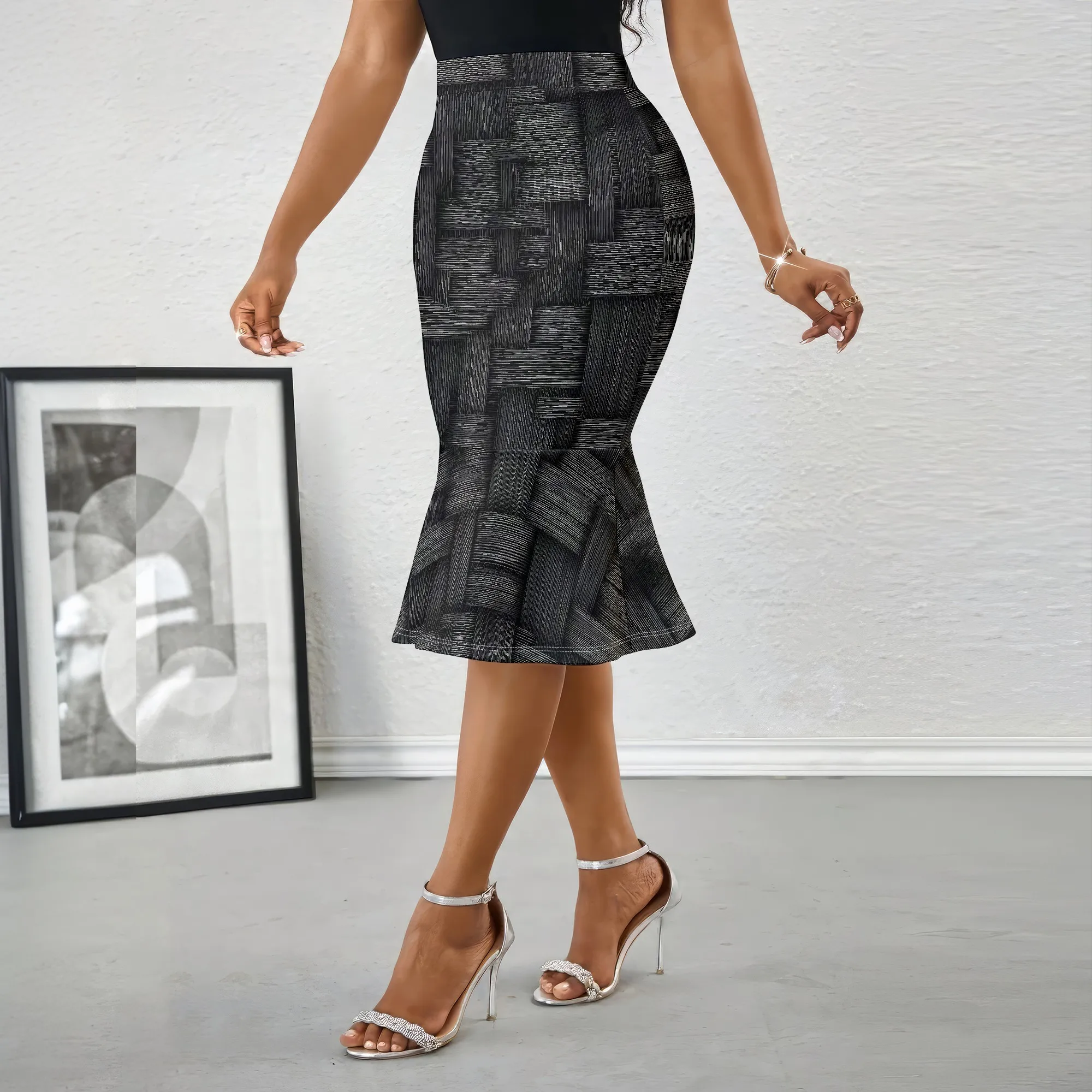 High Waist Midi Skirt, Abstract Weave Print Pencil Skirt, Stretch Bodycon Mermaid Skirt, Office Party Wear S-2XL