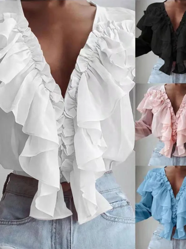 

Loose V-ne Pullover Top with Ruffle Street Sle Long Sve Lantern Sve Single Piece Casual Loose Fit Pure Color