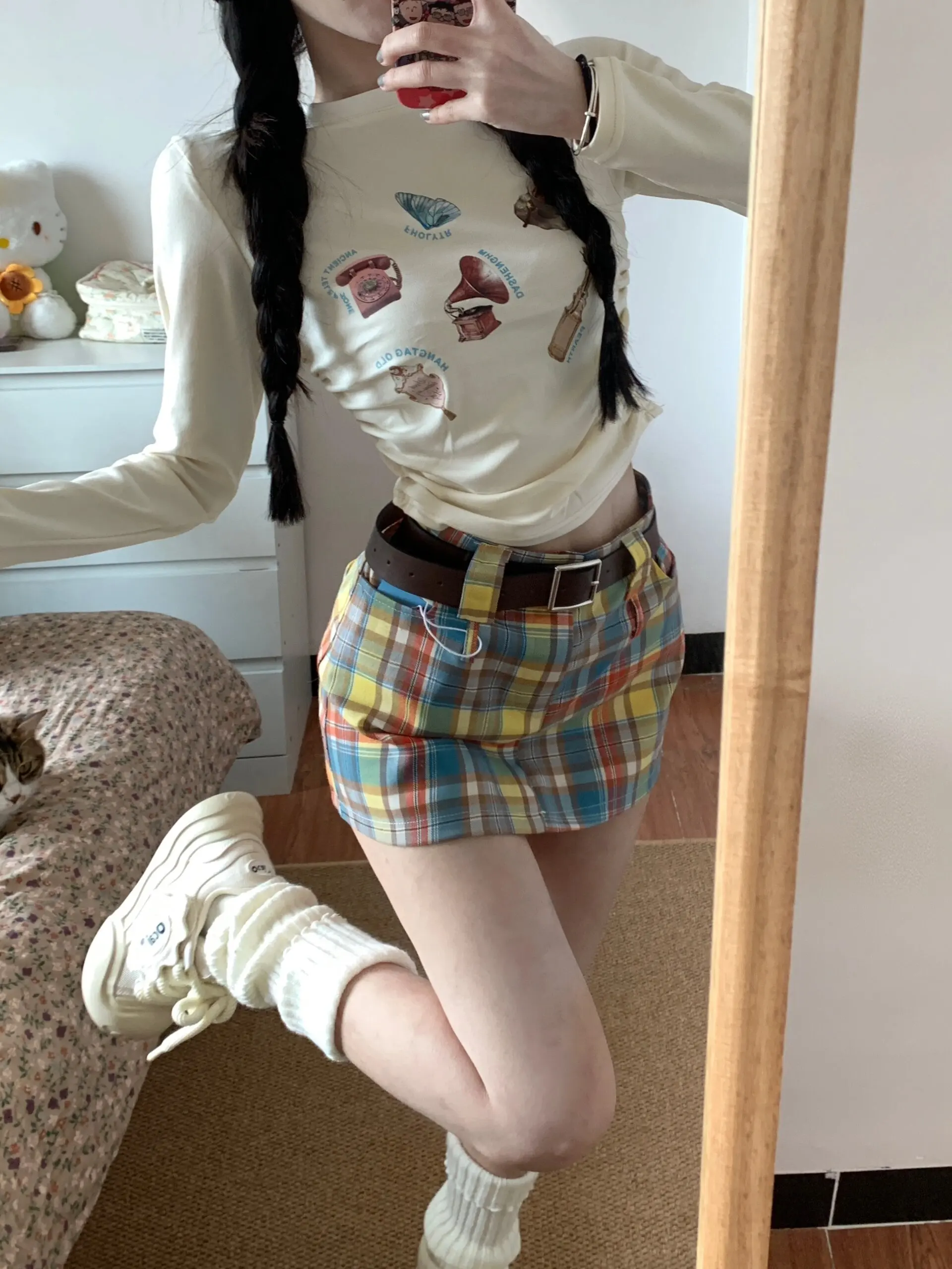 

New Stylish Skirts Set Summer Sweet Girl Slim Long Sleeve T-shirt y2k Top A-line Mini Plaid Skirt Two Piece Sets Women Outfits