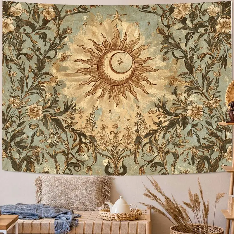 VIKAMA Vintage Sun Moon Tapestry Floral Vines Boho Celestial Wall Hanging Aesthetic Dorm Room Decor Poster Backdrop