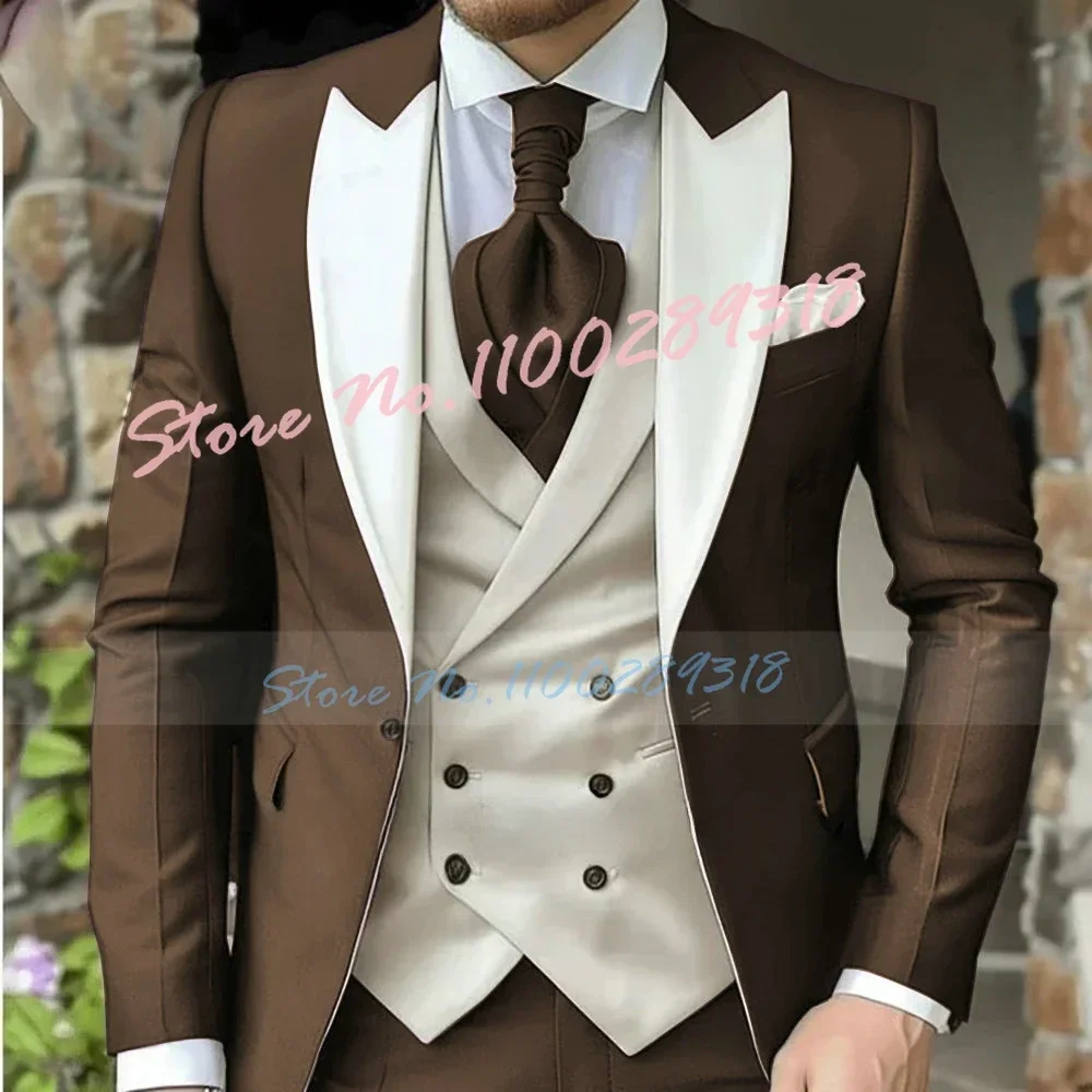 

Classic Dark Brown Wedding Suits For Men Custom Made 3 Piece Jacket Vest Pants Set Formal Business Groom Tuxedos Costume Homme