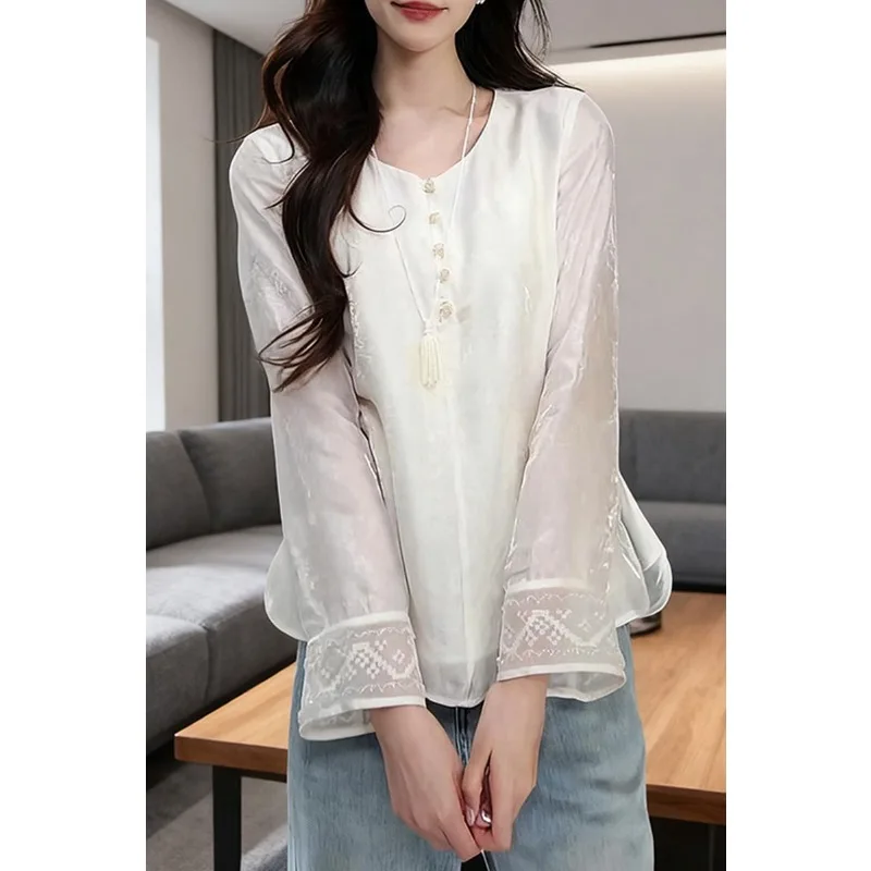 

Женская белая блузка из шифона с эффектом шелка, жаккардовым узором, завязками и длинными рукавами, элегантный полупрозрачный топ