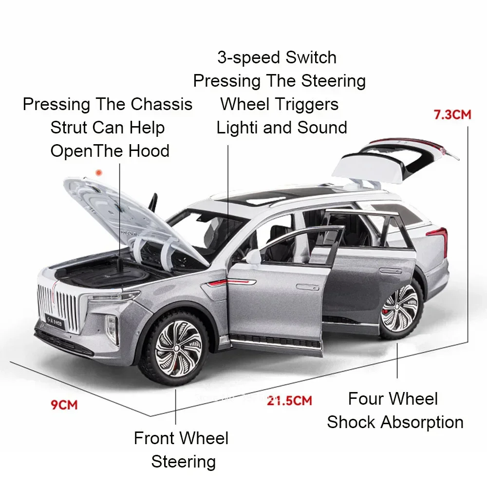 1:24 HONGQI 80th E-HS9 Car Model Toy Alloy Diecast Parade Vehicles Sound Light Pull Back Doors Opened Models Best Presents