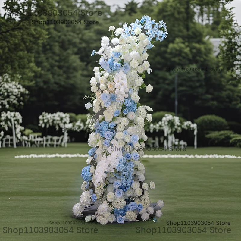 Weiß-Blaue Rosen-Orchideen-Blumenreihe Dekoration Hochzeits-Hintergrund Hornbogen Party Bühnenboden Blumenarrangement Bankett Fotozubehör – Detail 4
