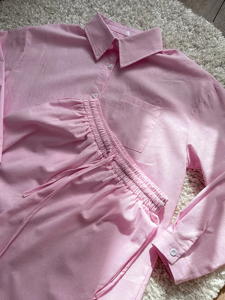 Streamgirl Linen Pants Sets For Women Summer Suits Pink Two Piece Trouser Women's Suit Sets Linen Shirt Set Oversize Outfit Suit