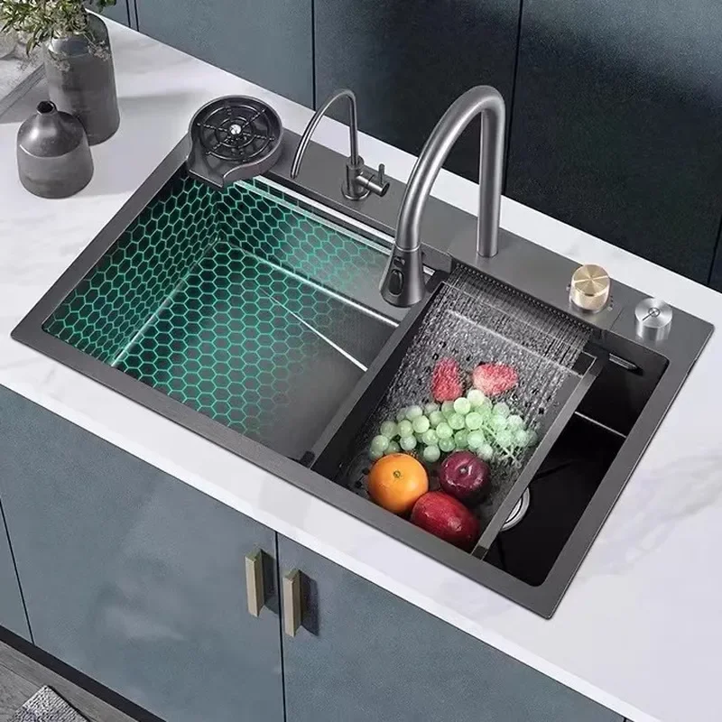 Large Single Bowl Kitchen Sink 304 Stainless Steel Honeycomb Design Dishwasher Safe Vegetable Washing Basin Flying Rain