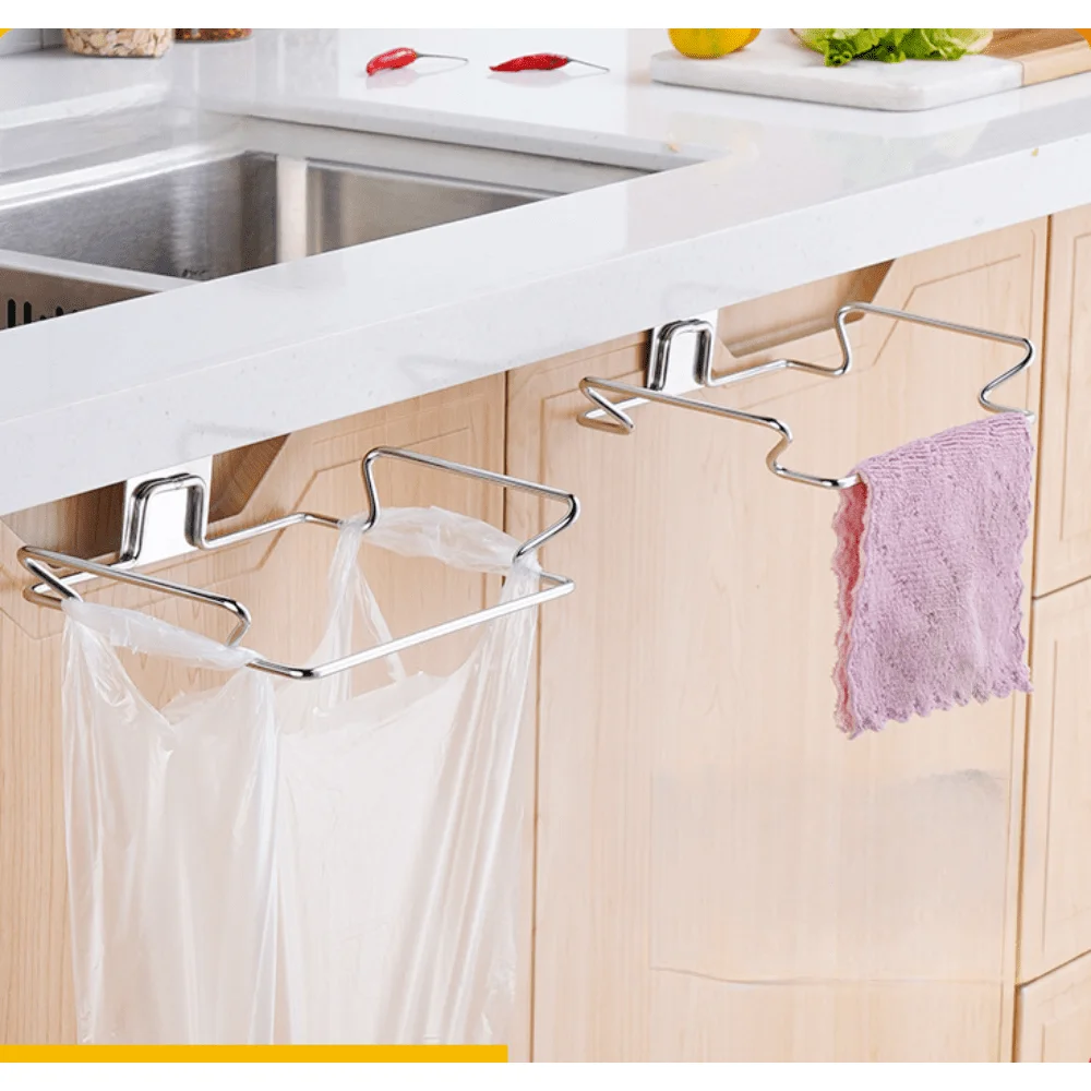1 PCS Stainless Steel Kitchen Garbage Bin Rectangular Metal Garbage Bag Holder Cabinet Door Waste Storage Rack Suitable Kitchen