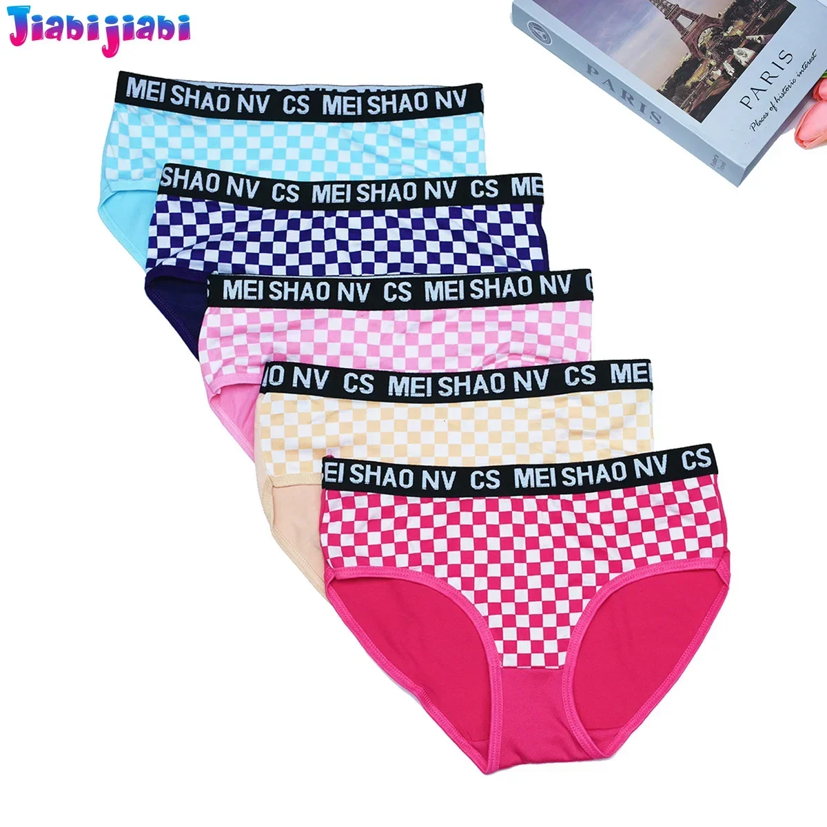 

5PC Girls Cute Underwear –Comfortable Wide Waistband Sports Panties for Students Youth, Checkered Kids Underwear for Girls 9-14T